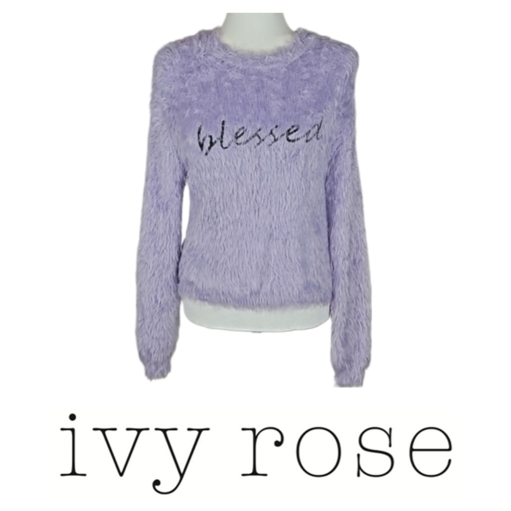 Ivy Rose Fuzzy Blessed Crew Sweater in Light Purple, S